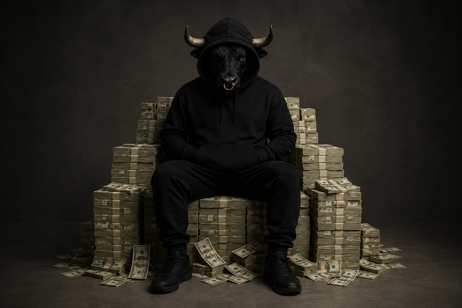 The Bull in Hood seated on stacks of cash