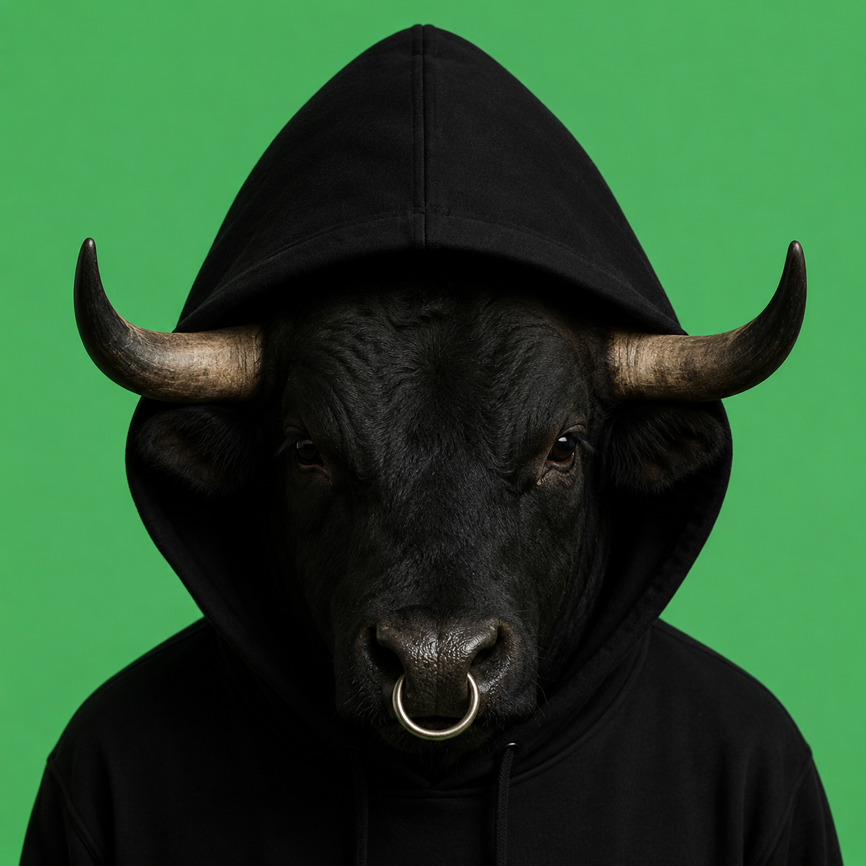 Close-up of the Bull in Hood against a green Matrix backdrop